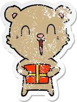 distressed sticker of a happy cartoon bear with christmas gift vector