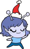 smiling alien girl line drawing of a wearing santa hat vector