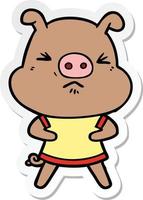 pegatina de un cerdo enojado de dibujos animados con camiseta vector