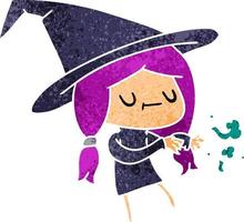 retro cartoon of cute kawaii witch vector