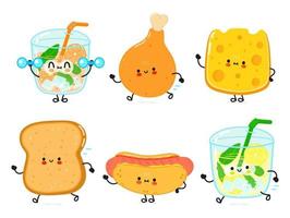 conjunto de divertidos personajes felices de comida rápida. ilustración de personaje kawaii de dibujos animados dibujados a mano vectorial. fondo blanco aislado. linda limonada, pierna de pollo, queso, tostadas, pan, hot dog, jugo