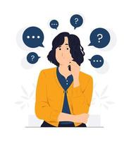 Concept illustration of Woman Questioned, thinking, and confused with question mark looking up with thoughtful focused expression flat cartoon style vector