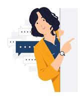 Concept illustration of Young Businesswoman standing behind a wall while peeking with curiosity, startled, shocked, Surprised, peeping, listening, discovery and Pay attention flat cartoon style vector