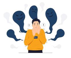 Man with Schizophrenia, post-traumatic stress mental disorder, shocked, scared, panic, anxiety, frustrated, fear and terrified concept illustration vector