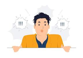 Concept illustration of Startled, Shocked and speechless man witness something, cover mouth with hands and looking at you, gasping astounded with revelation, hear stunning gossip flat cartoon style vector