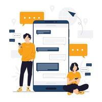 Concept illustration of man and woman friends having online conversation, messaging, chatting, communication, texting, Messages in mobile phone apps flat cartoon style