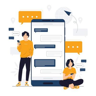 Young girl chatting with her friends and family online by video call app  with laptop. Group chatting, Social media technology concept illustration.  Flat design style cartoon character. Stock Vector