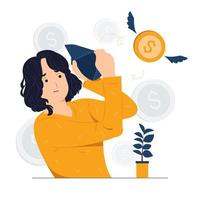 Concept illustration of Unhappy sad poor woman holding open empty wallet with no pocket money flat cartoon style vector