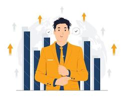 Concept illustration of Powerful Successful Young Business man with high self esteem and confidence dressed in stylish suit, pointing himself with fingers proud and happy flat cartoon style vector