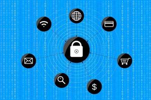 Cybersecurity data protection concept. Icons related to online data network protection on binary code background vector