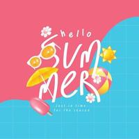 plantilla de banner de cartel de verano para promoción con fondo de piscina y elementos para fiesta en la playa vector