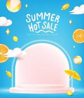 plantilla de banner de venta de verano para promoción con forma cilíndrica de exhibición de productos y elementos para fiesta en la playa en el cielo vector