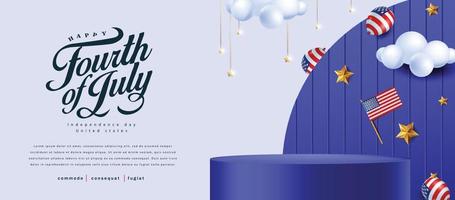 Independence day USA sale banner with product display cylindrical shape and american balloons vector