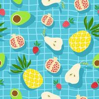 Avocado, pineapple, strawberry, pear, pomegranate seamless pattern for print, fabric and organic, vegan, raw products packaging. Texture for eco and healthy food. vector