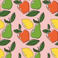 Lemon, apple, leaf and pear vector line art seamless pattern for textile prints, cards, design. Line art style fruit vector. Fruit pattern with seamless background illustration.