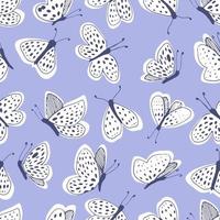 White moths on a blue background vector seamless pattern. Line and spot. Vector illustration.