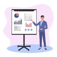 Financial expert giving a presentation. Business man with pen standing at the blackboard with graphs, curves and infographics. vector