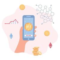 Hand holding smartphone with NFT non fungible token. Buy NFT online, digital crypto art blockchain technology. vector