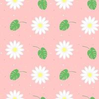 Seamless pattern with chamomile flowers and monstera leaves. vector