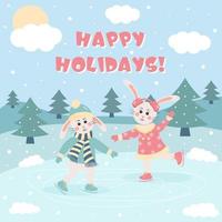 Cute rabbits boy and girl are skating. Happy holidays quote. Winter landscape.