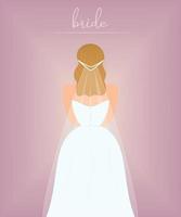 Beautiful bride in wedding dress and bridal veil, rear view. Tender flat vector illustration