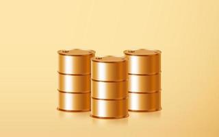 Realistic three golden oil barrels isolated on gold background. Symbol of gasoline, diesel, petro, gas fuel industry. Gold metal petroleum gallon. Concept of energy industry in 3d vector illustration