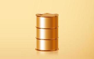 Realistic golden oil barrel isolated on gold background. Symbol of gasoline, diesel, petro, gas fuel industry. Gold metal petroleum gallon. Concept of energy industry in 3d vector illustration