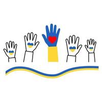 Heart shapes raised hands in Ukrainian national colors blue yellow. Support Ukraine backdrop vector