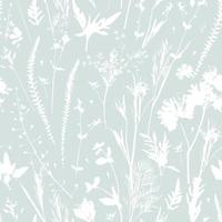 Seamless pattern with wild herbal silhouettes in white color on pastel green background. Summer elements vector
