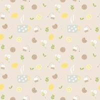 Tea time seamless pattern with cup, tea bag, lemon and cookies in light pastel colors. Hand drawn elements on beige background vector
