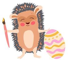 Hedgehog with a brush and a painted easter egg. Hand drawn vector illustration. Suitable for stickers, greeting cards, gift paper.
