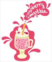 Raspberry smoothie in a glass jar with a straw. Fruit drink with whipped cream and berries . Hand drawn vector illustration. Suitable for culinary website, stickers, greeting cards, package.