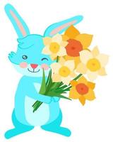 Blue rabbit with a bouquet of narcissuses. Hand drawn vector illustration. Suitable for stickers, greeting cards, gift paper.