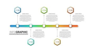 Infografía de línea de tiempo realista en 3d en 5 pasos. infografía moderna con forma hexagonal de degradado colorido vector