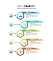 Etiqueta infográfica 3d realista en 5 pasos. infografía horizontal con forma hexagonal de degradado de colores. pasos de información comercial con icono vector