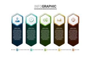 Etiqueta infográfica 3d realista en 5 pasos. infografía vertical con forma hexagonal de degradado colorido. pasos de información comercial con icono vector