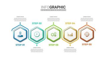 3d realistic infographic in 5 steps. Professional infographic with colorful gradient hexagonal shape. Business information steps with icon