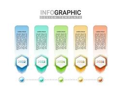 Infografía de línea de tiempo realista en 3d en 5 pasos. infografía moderna con forma hexagonal de degradado colorido vector