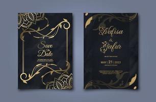 Luxury floral wedding invitation design. Gold and black invitation template with vintage baroque ornament vector