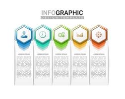 Etiqueta infográfica 3d realista en 5 pasos. infografía vertical con forma hexagonal de degradado colorido. pasos de información comercial con icono vector