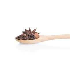 Spices cloves and cinnamon sticks and anise in wooden spoon on white background. photo