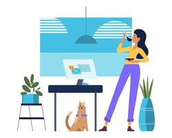 Home office concept. Young woman with coffee cup, computer and cat in home interior. Flat illustration, clip art, vector