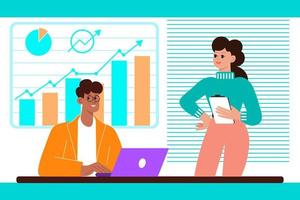 Man with laptop and woman office workers, managers and growing financial graph. Financial business concept. Illustration, vector