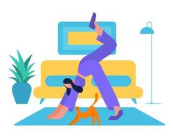 Healthy lifestyle concept. Young woman with a cat is engaged in gymnastics, yoga in the home interior. Flat illustration, clip art, vector