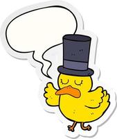 pato de dibujos animados con sombrero de copa y pegatina de burbuja de habla vector