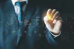 System analyst or businessman drawing relational database tables. Concept of database diagram design. photo
