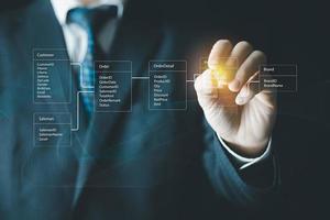 analista de sistemas o empresario dibujando tablas de bases de datos relacionales. concepto de diseño de diagrama de base de datos. foto