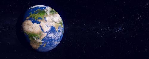 Panoramic view of the earth and galaxy. Blue planet. The World Globe from Space. Showing the continents of Europe and Africa. 3D rendering illustration. Elements of this image furnished by NASA. photo