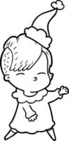 line drawing of a squinting girl wearing santa hat vector