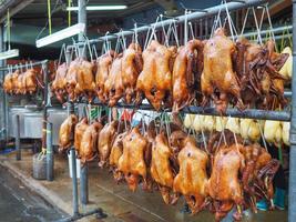 Boiled duck hanging on the rail for sale in the market photo